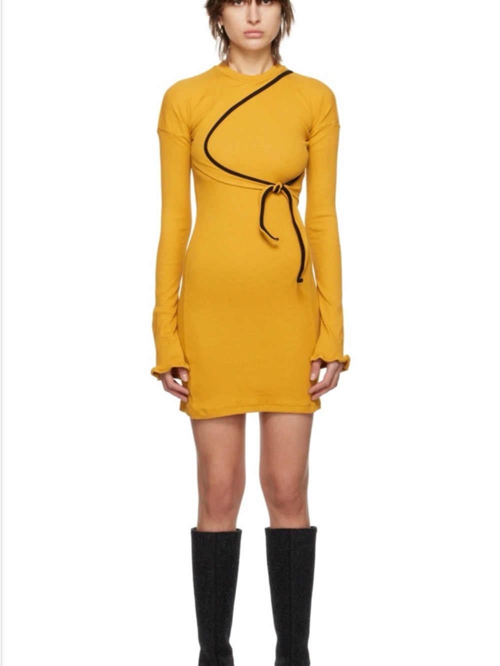 NWOT Ottolinger Mustard Yellow Long-Sleeve Wrap Tie Mini Dress